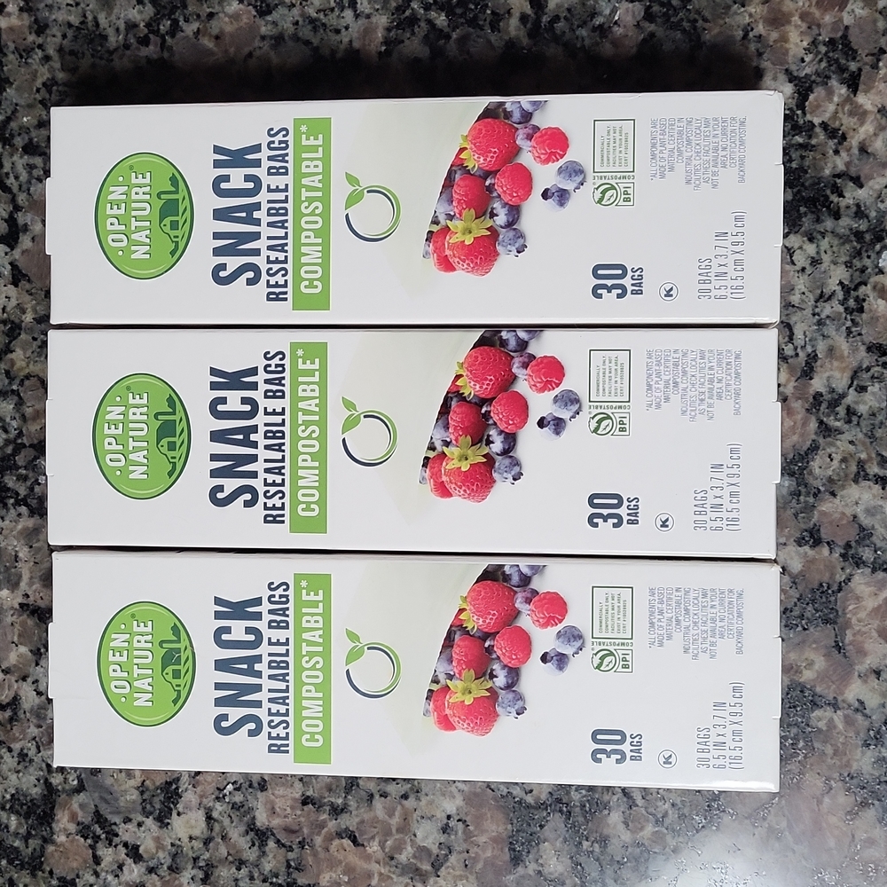 OPen Nature Snack Resealable Bags 30 count COMPOSTABLE NEW SEALED lot of 3 packs